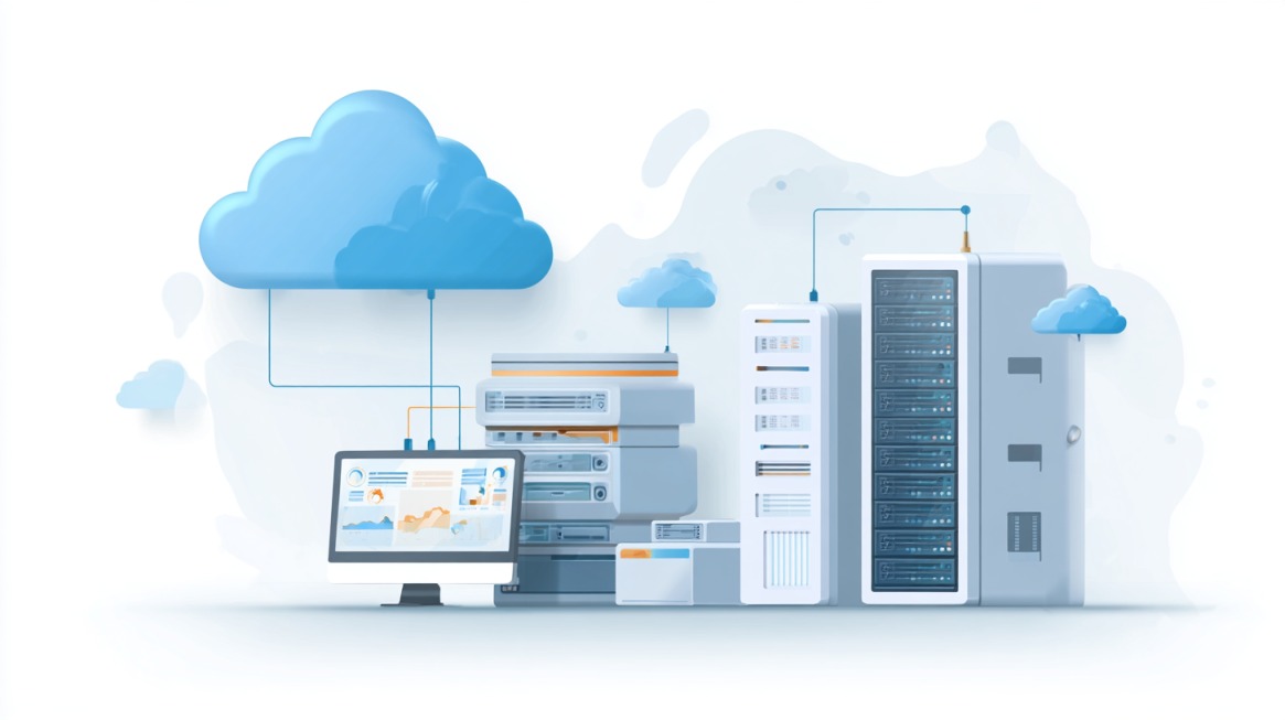 Ilustracija servera povezanih sa oblakom koji simbolizuju cloud hosting infrastrukturu