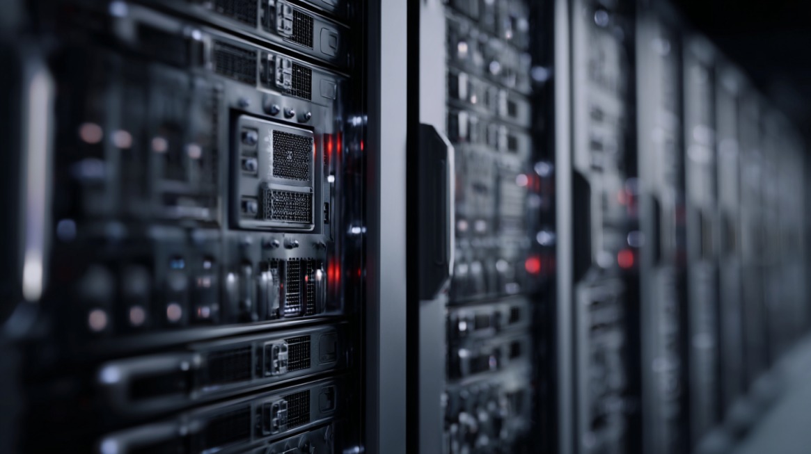 Bliski prikaz serverskih ormara u data centru koji predstavljaju dedicated hosting