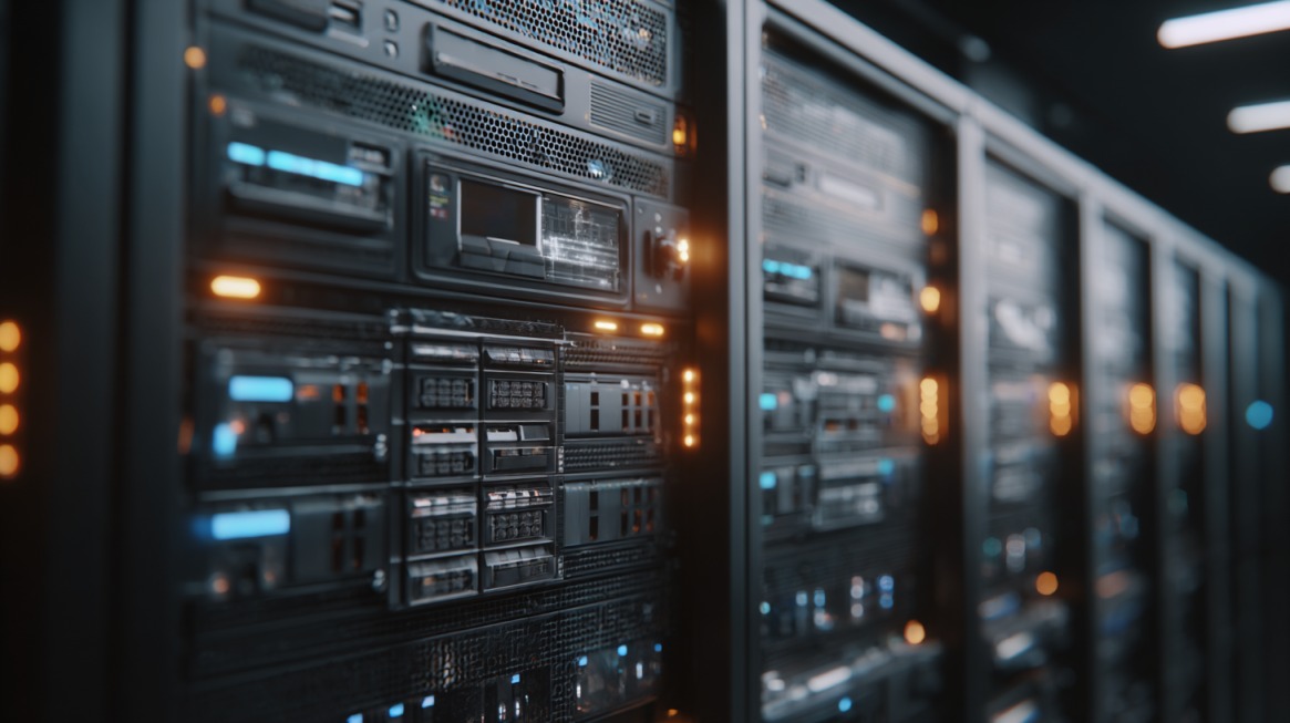 Detaljan prikaz serverskih ormara u data centru koji simbolizuju hosting infrastrukturu