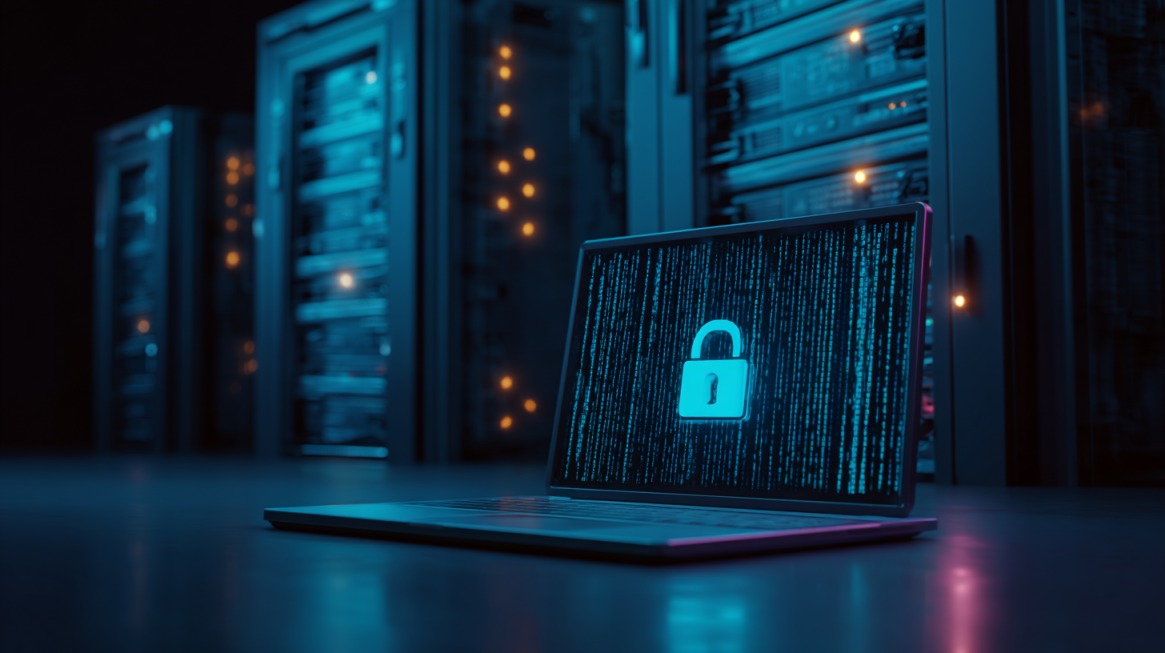 Laptop sa ikonom katanca ispred serverskih ormara koji simbolizuju zaštitu podataka