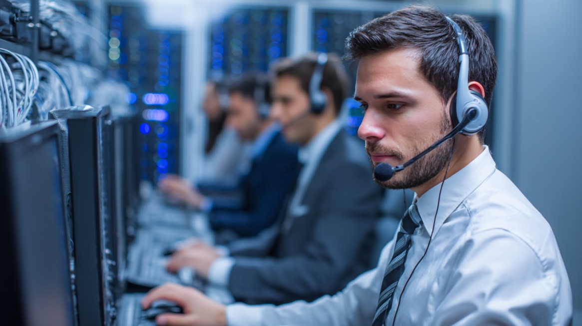 IT stručnjak sa slušalicama radi u server sali i pruža tehničku podršku