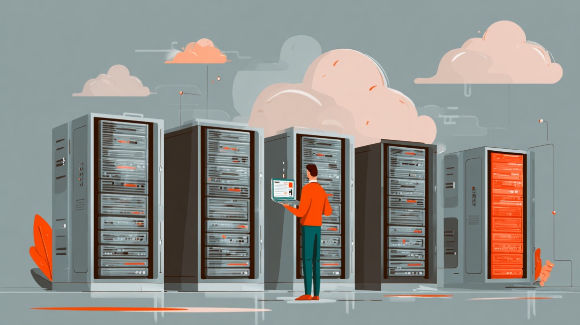 Ilustracija osobe koja stoji ispred serverskih ormara i bira hosting rešenje