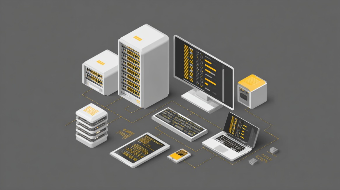 Ilustracija serverskih jedinica i računara povezanih u zajednički hosting sistem