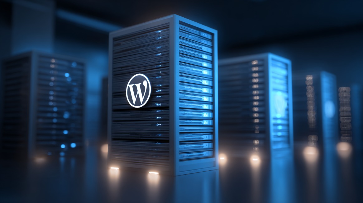 Serverski ormari sa WordPress oznakom koji simbolizuju specijalizovani hosting